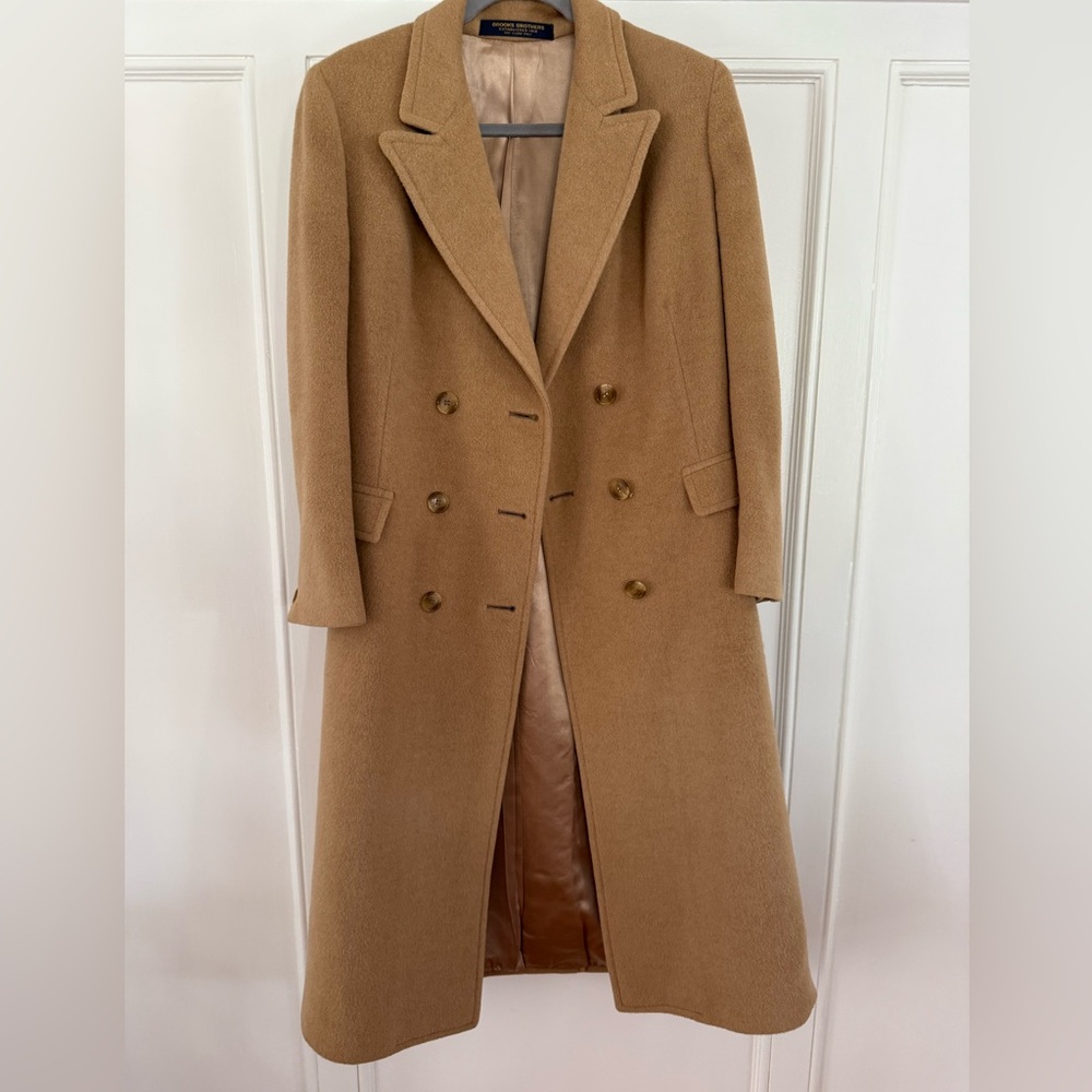 Vintage Brooks Brothers Women's Classic Tan Long trench Pea Coat Sz. Medium - Picture 3 of 11